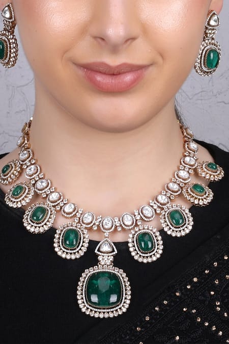 Shop_Queens Jewels_Gold Plated Stones Celina Kundan Necklace Set _Online_at_Aza_Fashions