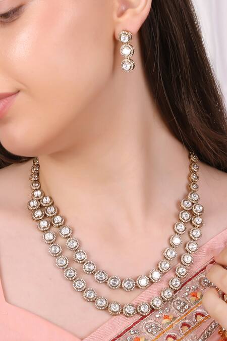 Shop_Queens Jewels_Gold Plated Stones Twin Layer Victorian Necklace Set _Online_at_Aza_Fashions