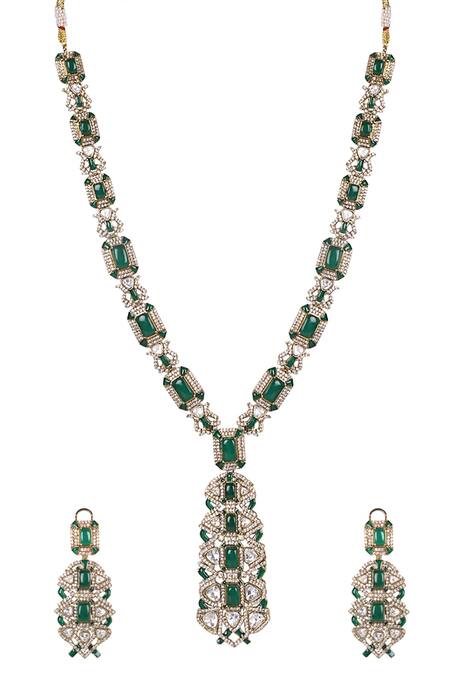 Queens Jewels_Green Emerald Kundan Necklace And Earring Set _Online_at_Aza_Fashions