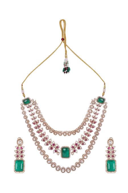 Queens Jewels Green Stones, Crystals, Queen Vic Emerald And Ruby Kundan Set Online at Aza Fashions Queens Jewels_Green Stones, Crystals, Queen Vic Emerald And Ruby Kundan Set _Online_at_Aza_Fashions