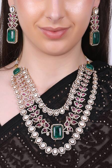 Queens Jewels Green Stones, Crystals, Queen Vic Emerald And Ruby Kundan Set at Aza Fashions Queens Jewels_Green Stones, Crystals, Queen Vic Emerald And Ruby Kundan Set _at_Aza_Fashions