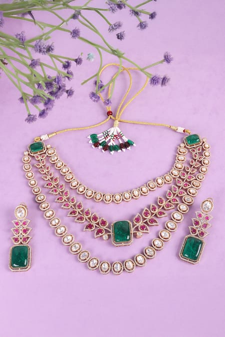 Shop Queens Jewels Green Stones, Crystals, Queen Vic Emerald And Ruby Kundan Set at Aza Fashions Shop_Queens Jewels_Green Stones, Crystals, Queen Vic Emerald And Ruby Kundan Set _at_Aza_Fashions