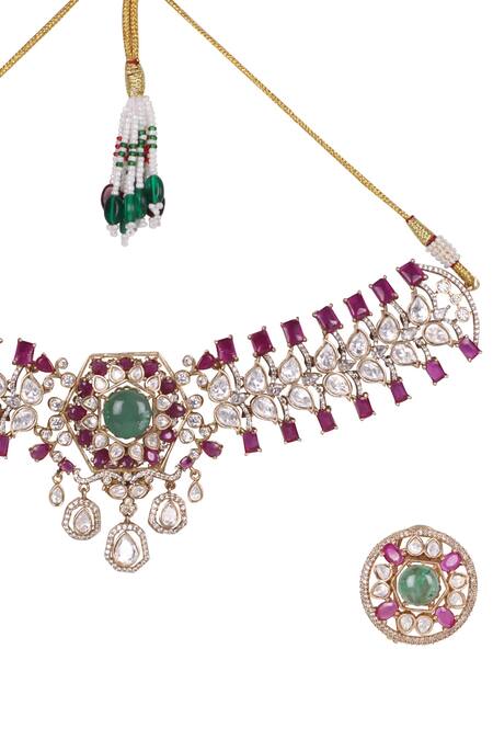 Queens Jewels_Red Imitation Gemstones Regal Ruby And Emerald Kundan Choker Set _Online_at_Aza_Fashions