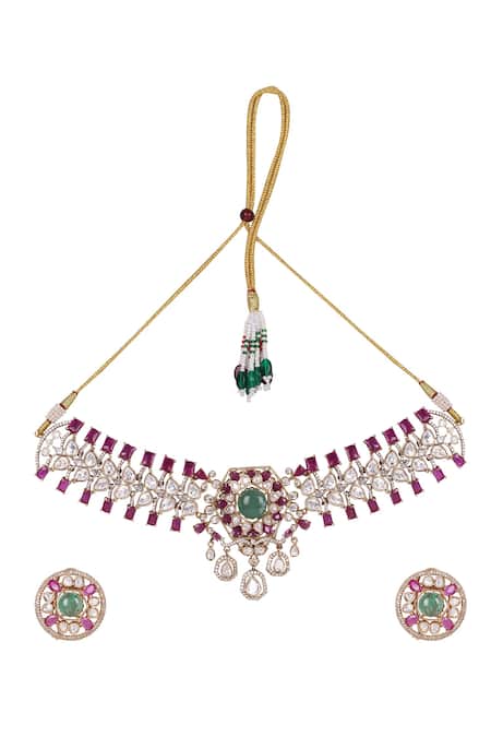 Buy_Queens Jewels_Red Imitation Gemstones Regal Ruby And Emerald Kundan Choker Set _Online_at_Aza_Fashions
