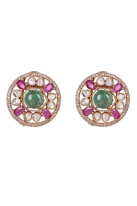 Shop_Queens Jewels_Red Imitation Gemstones Regal Ruby And Emerald Kundan Choker Set _Online_at_Aza_Fashions