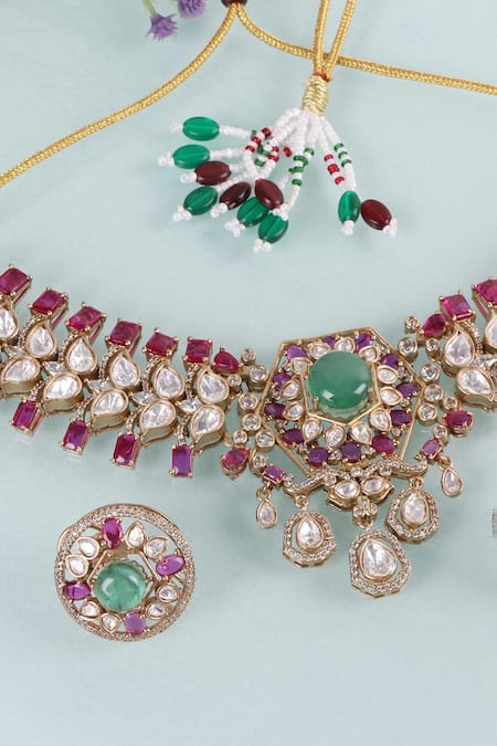 Shop_Queens Jewels_Red Imitation Gemstones Regal Ruby And Emerald Kundan Choker Set 