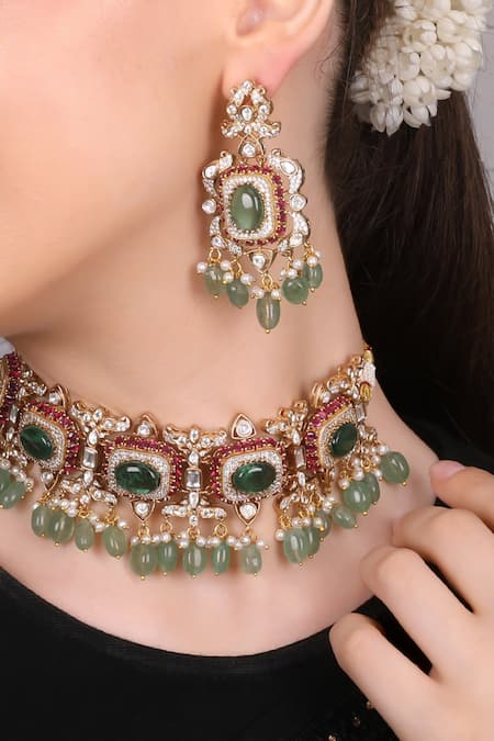 Buy_Queens Jewels_Multi Color Stones, Beads Noor Kundan Choker Set With _Online_at_Aza_Fashions