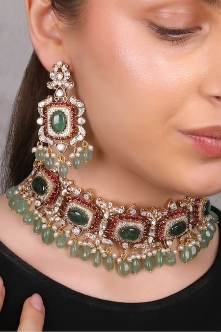 Shop_Queens Jewels_Multi Color Stones, Beads Noor Kundan Choker Set With _Online_at_Aza_Fashions