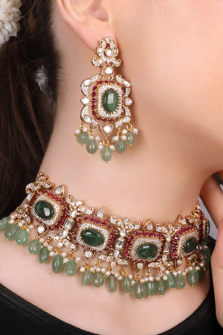 Buy_Queens Jewels_Multi Color Stones, Beads Noor Kundan Choker Set With 