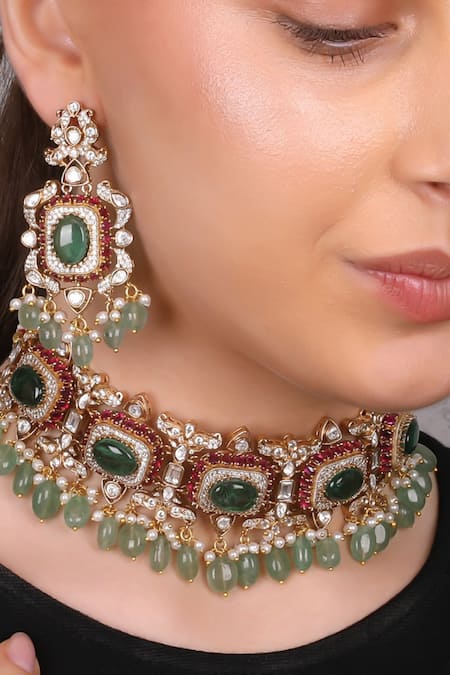 Queens Jewels Multi Color Stones, Beads Noor Kundan Choker Set With 