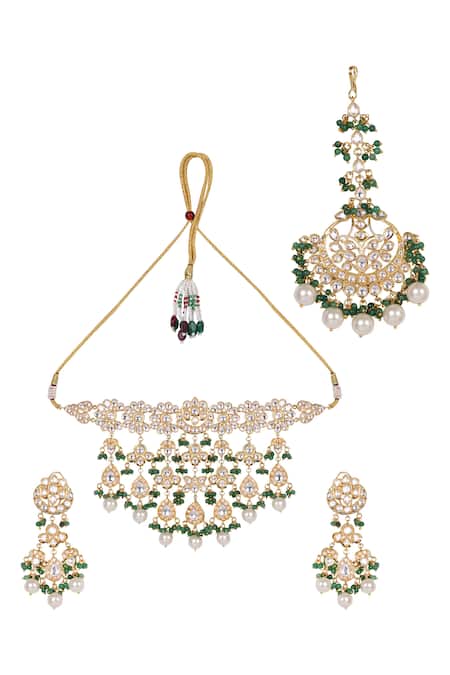 Shop_Queens Jewels_Green Pearls, Stones Royal Layered Kundan Choker Set _Online_at_Aza_Fashions