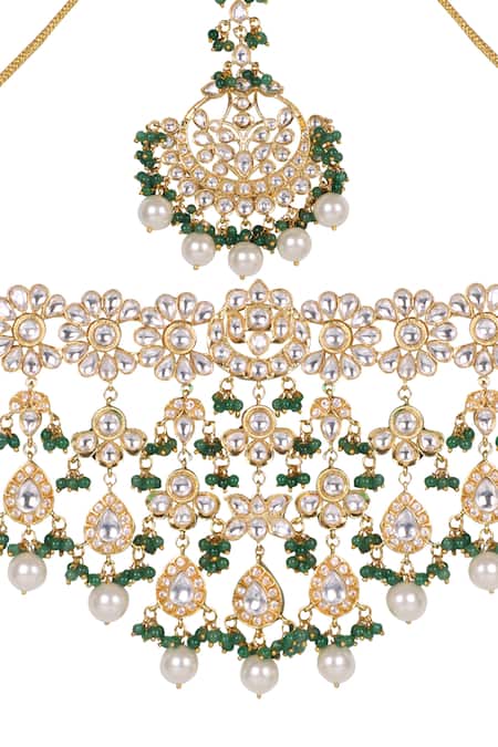 Queens Jewels_Green Pearls, Stones Royal Layered Kundan Choker Set _at_Aza_Fashions
