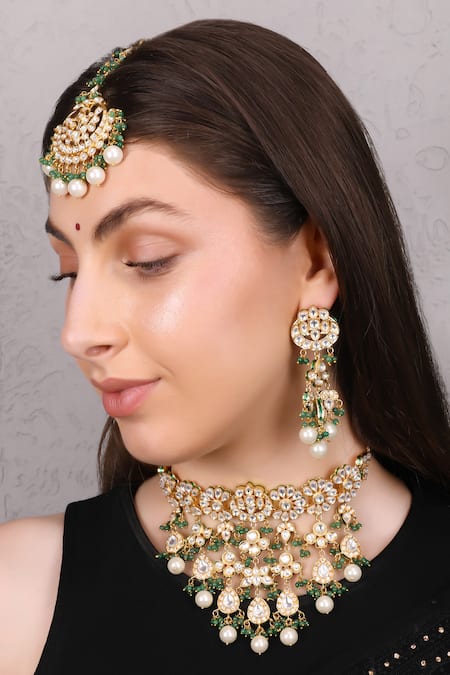 Buy_Queens Jewels_Green Pearls, Stones Royal Layered Kundan Choker Set 