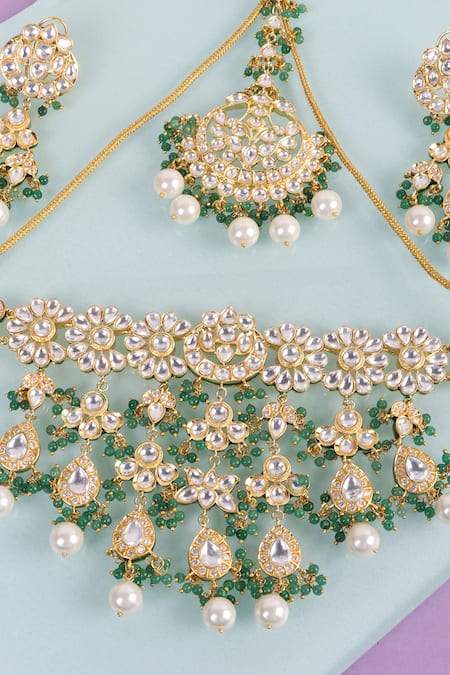 Shop_Queens Jewels_Green Pearls, Stones Royal Layered Kundan Choker Set 