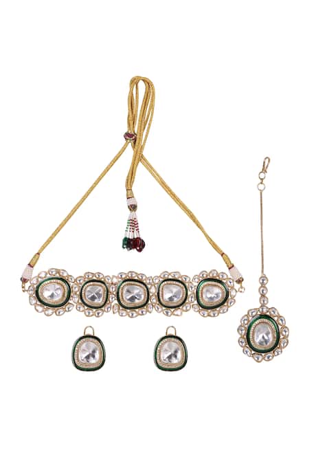 Shop_Queens Jewels_Green Stones Heritage Uncut Polki Kundan Choker Set _Online_at_Aza_Fashions