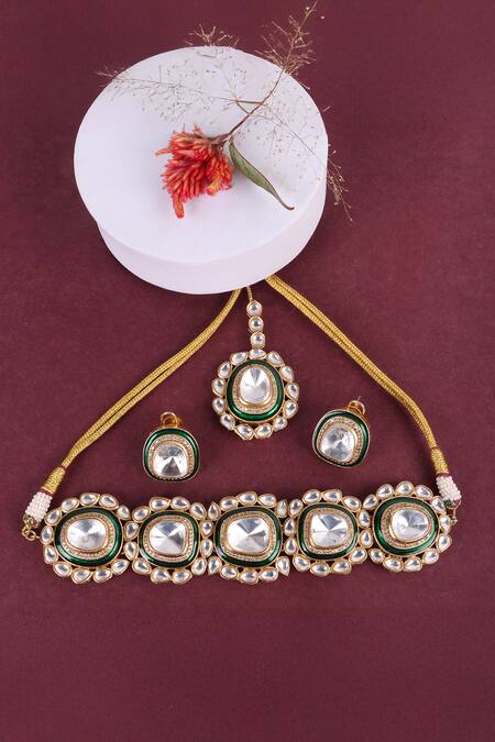 Shop_Queens Jewels_Green Stones Heritage Uncut Polki Kundan Choker Set 