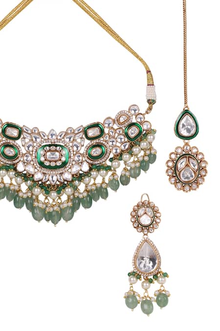 Queens Jewels_Green Stones, Beads Emerald Royale Bridal Kundan Set _at_Aza_Fashions