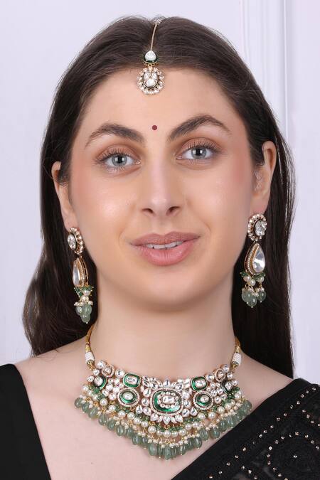 Shop_Queens Jewels_Green Stones, Beads Emerald Royale Bridal Kundan Set 