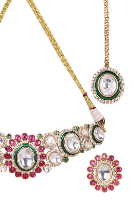 Shop_Queens Jewels_Multi Color Stones, Royal Multicolor Kundan Jewelry Set _Online_at_Aza_Fashions