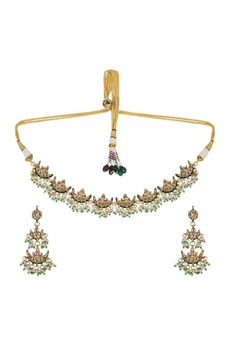 Queens Jewels_Multi Color Crystals, Beads Ariana Kundan Choker Set With Earrings _Online_at_Aza_Fashions