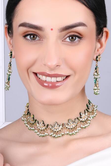 Queens Jewels_Multi Color Crystals, Beads Ariana Kundan Choker Set With Earrings _at_Aza_Fashions