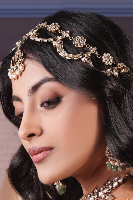 Shop Queens Jewels Gold Plated Alia Kundan Matha Patti at Aza Fashions Shop_Queens Jewels_Gold Plated Alia Kundan Matha Patti _at_Aza_Fashions