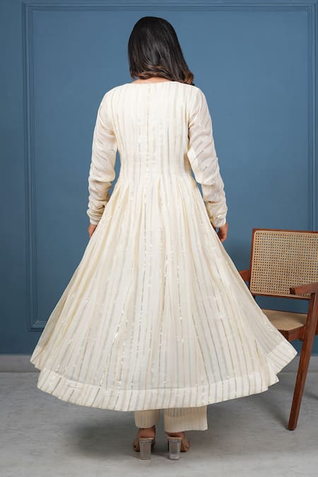 Taro Cream Cotton Lurex Anarkali & Pant Set 