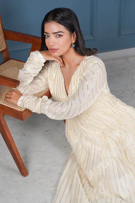 Shop_Taro_Cream Cotton V-neck Lurex Anarkali And Pant Set _Online_at_Aza_Fashions