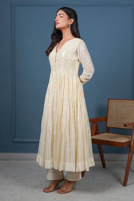 Taro_Cream Cotton V-neck Lurex Anarkali And Pant Set _at_Aza_Fashions