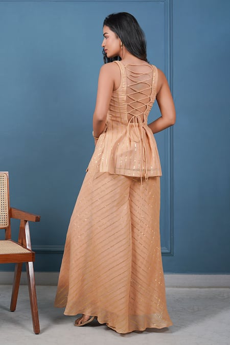 Taro Peach Beige Golden Lurex Kurta Set 