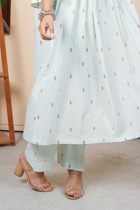 Taro_Mint Cotton Foil Printing Round Neck Pintuck Kurta And Pant Set _Online_at_Aza_Fashions