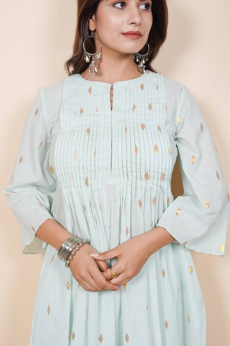 Shop_Taro_Mint Cotton Foil Printing Round Neck Pintuck Kurta And Pant Set _Online_at_Aza_Fashions