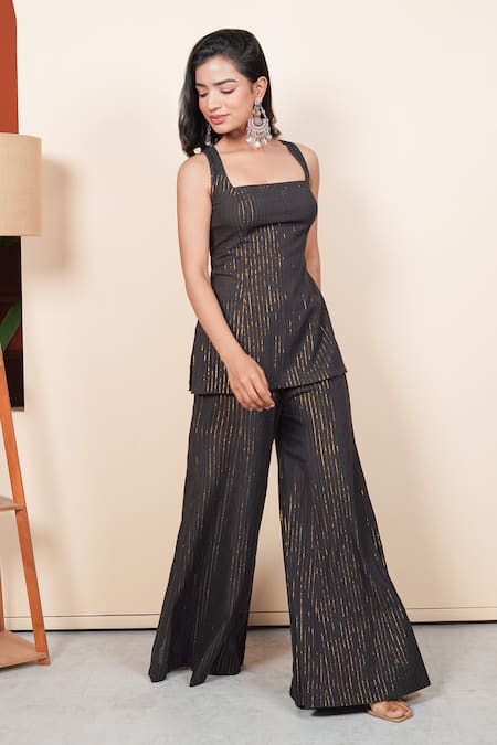 Taro Black Cotton Square Neck Lurex Kurta And Palazzo Set