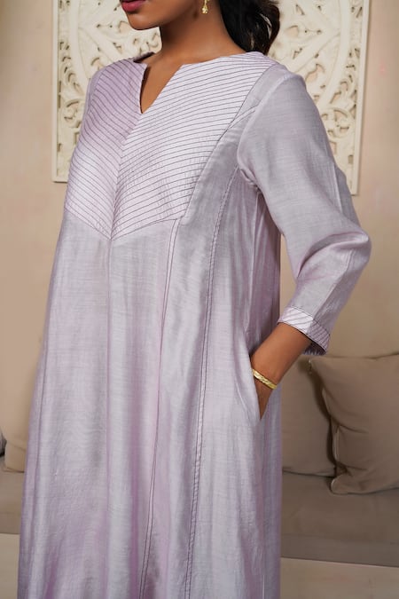 Shop_Taro_Lavender Chanderi, Cotton Split V-neck Kurta Set _Online_at_Aza_Fashions