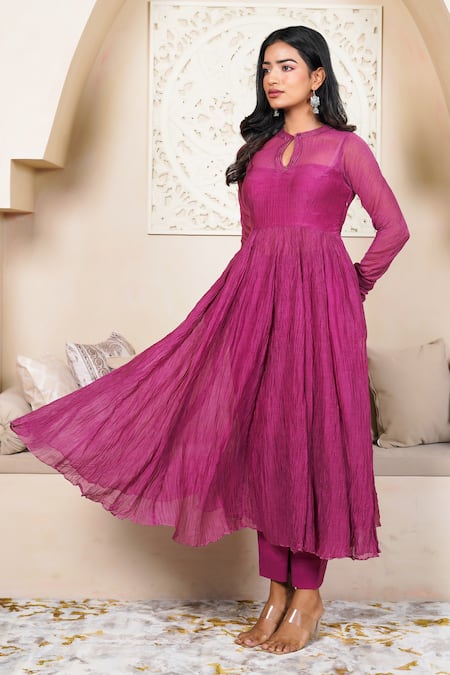 Shop Taro Burgundy Cotton Keyhole Neck Crushed Anarkali Set Online at Aza Fashions Shop_Taro_Burgundy Cotton Keyhole Neck Crushed Anarkali Set _Online_at_Aza_Fashions