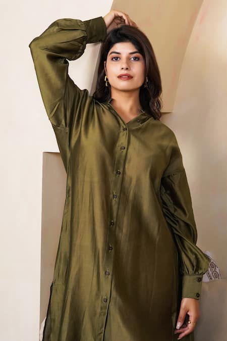 Taro_Olive Green Chanderi Collared Cotton Silk Dress _Online_at_Aza_Fashions