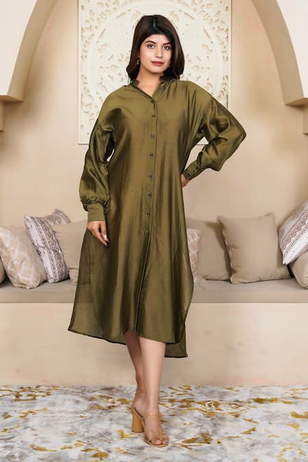 Taro Olive Green Chanderi Collared Cotton Silk Dress