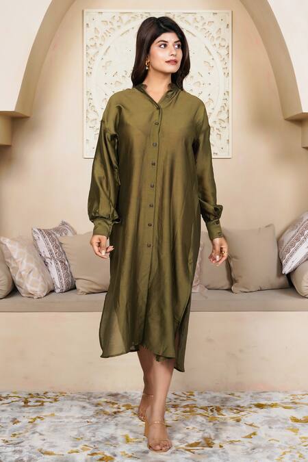 Buy_Taro_Olive Green Chanderi Collared Cotton Silk Dress _Online_at_Aza_Fashions