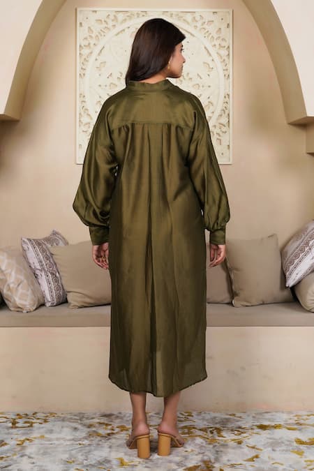 Taro Olive Cotton Silk Chanderi Dress 