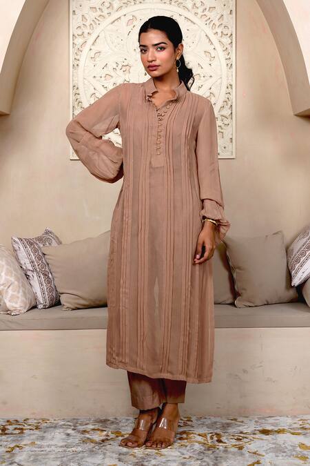 Taro Brown Georgette Mandarin Collar Hazelnut Kurta And Pant Set