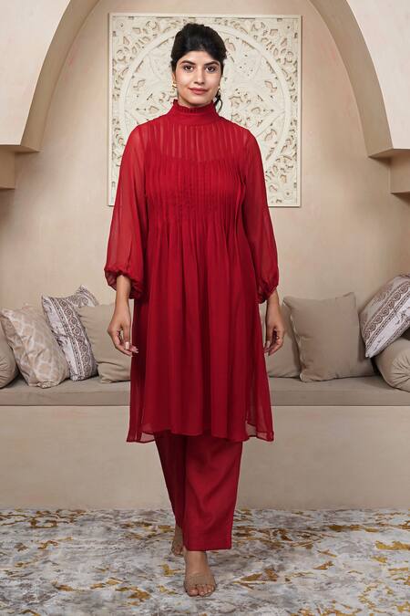 Taro Red Georgette High Neck Crimson Co-ord Set 