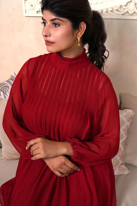 Taro_Red Georgette High Neck Crimson Co-ord Set _Online_at_Aza_Fashions