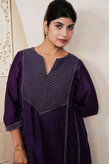 Taro Purple Chanderi, Cotton Embroidery Split V-neck Silk Kurta Pant Set Online at Aza Fashions Taro_Purple Chanderi, Cotton Embroidery Split V-neck Silk Kurta Pant Set _Online_at_Aza_Fashions