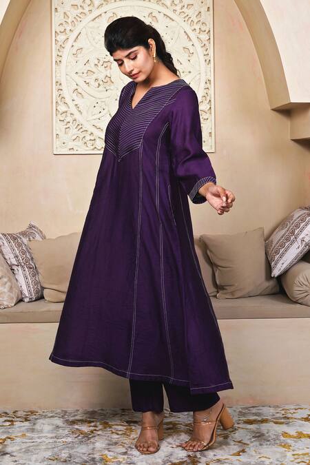 Buy Taro Purple Chanderi, Cotton Embroidery Split V-neck Silk Kurta Pant Set Online at Aza Fashions Buy_Taro_Purple Chanderi, Cotton Embroidery Split V-neck Silk Kurta Pant Set _Online_at_Aza_Fashions