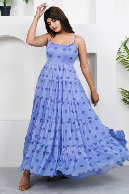 Taro_Blue Cotton, Chiffon Scoop Neck Water Lily Hand Block Printed Dress_Online_at_Aza_Fashions