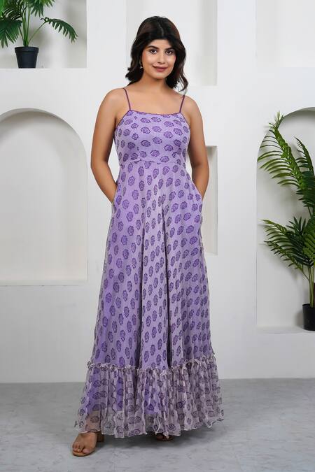 Buy Taro Purple Cotton, Chiffon Scoop Neck Violet Hand Block Printed Dress Online at Aza Fashions Buy_Taro_Purple Cotton, Chiffon Scoop Neck Violet Hand Block Printed Dress_Online_at_Aza_Fashions
