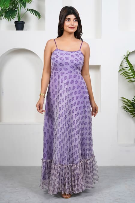 Taro Purple Cotton, Chiffon Scoop Neck Violet Hand Block Printed Dress