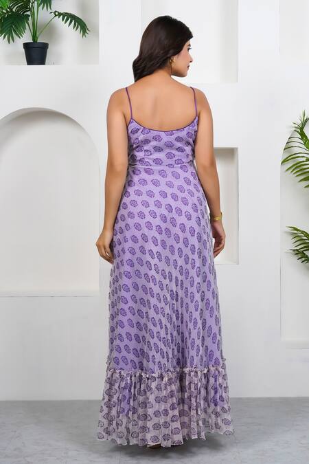 Shop Taro Purple Cotton, Chiffon Scoop Neck Violet Hand Block Printed Dress at Aza Fashions Shop_Taro_Purple Cotton, Chiffon Scoop Neck Violet Hand Block Printed Dress_at_Aza_Fashions