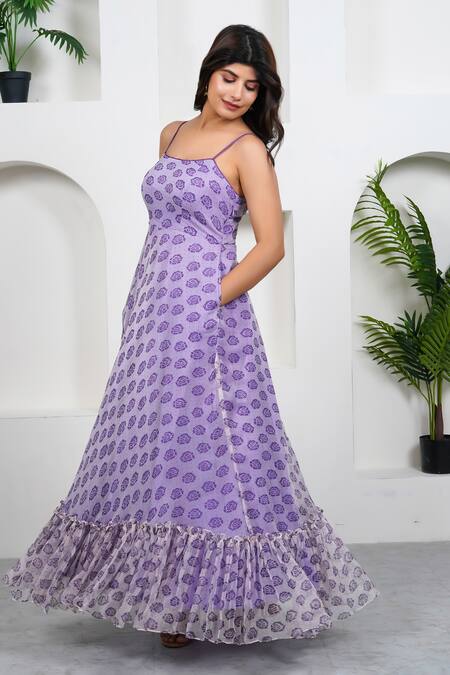 Shop Taro Purple Cotton, Chiffon Scoop Neck Violet Hand Block Printed Dress Online at Aza Fashions Shop_Taro_Purple Cotton, Chiffon Scoop Neck Violet Hand Block Printed Dress_Online_at_Aza_Fashions