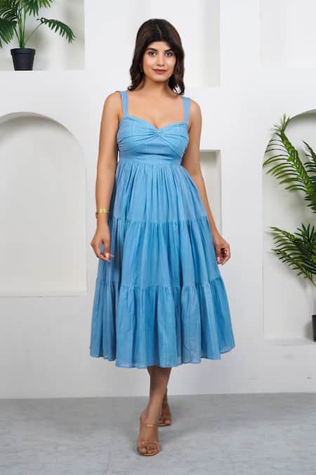 Taro Blue Cotton Sweetheart Neck Pacific Dress